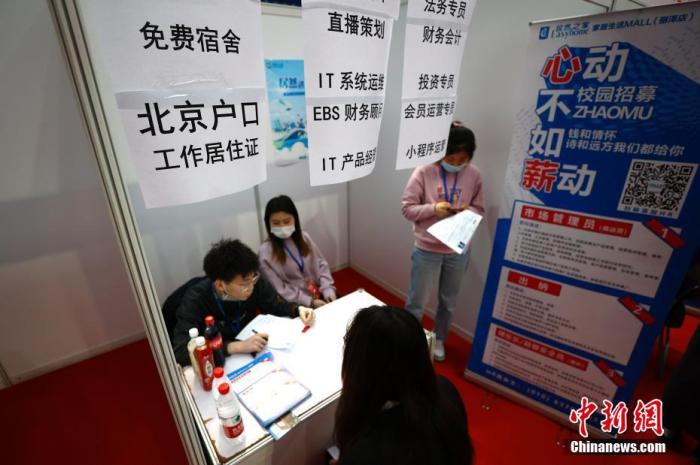 資料圖：高校學生與招聘單位工作人員交流。中新社記者 富田 攝