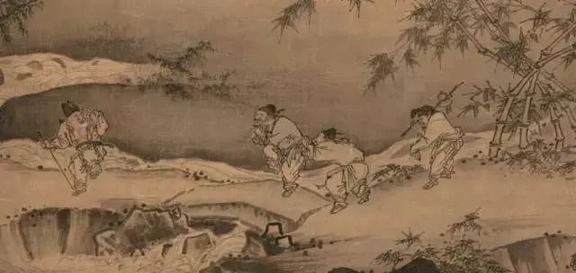 宋代馬遠(yuǎn)（1140-1225）以農(nóng)民勞動(dòng)為繪畫主題的《踏歌圖》，田埂上是一群農(nóng)民歡笑踏歌。