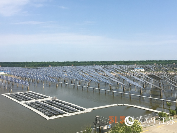 中節(jié)能東臺(tái)太陽能發(fā)電有限公司“漁光互補(bǔ)”光伏電站。 人民網(wǎng) 俞楊攝